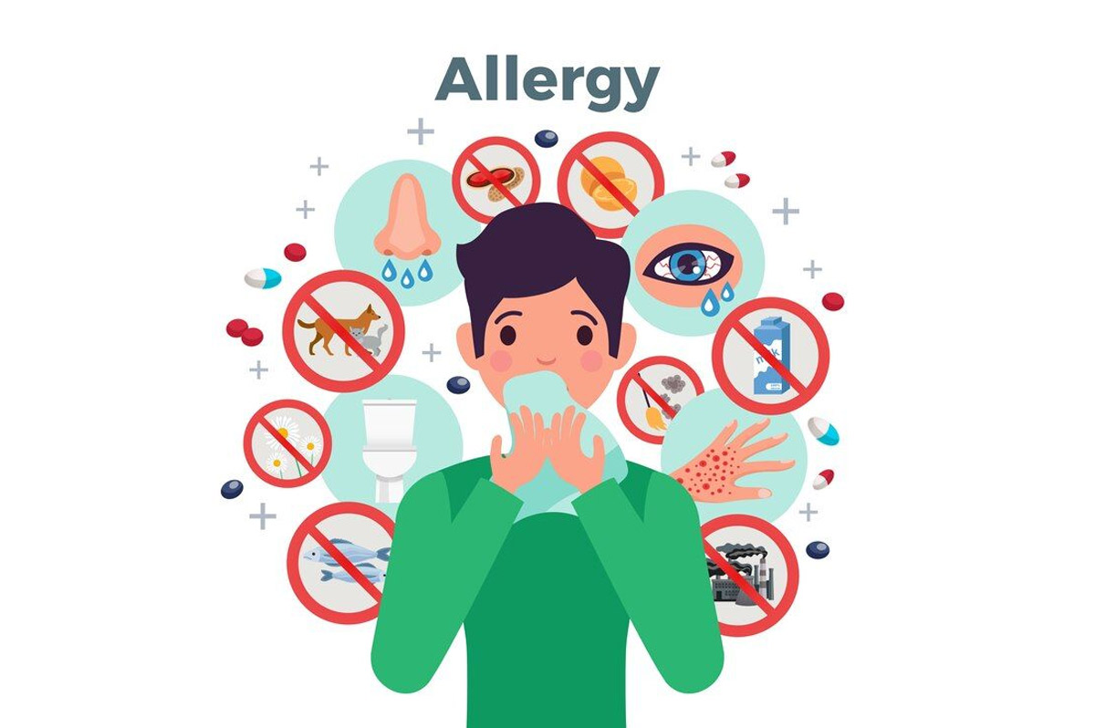 Person sneezing due to allergies caused by dust